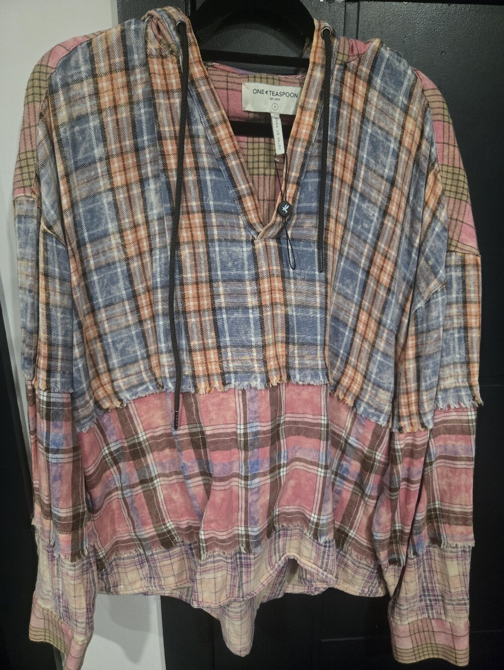 One TEASPOON Flannel Acid Wash Hooded Shirt Multi SMALL nwot Patchwork Ooak